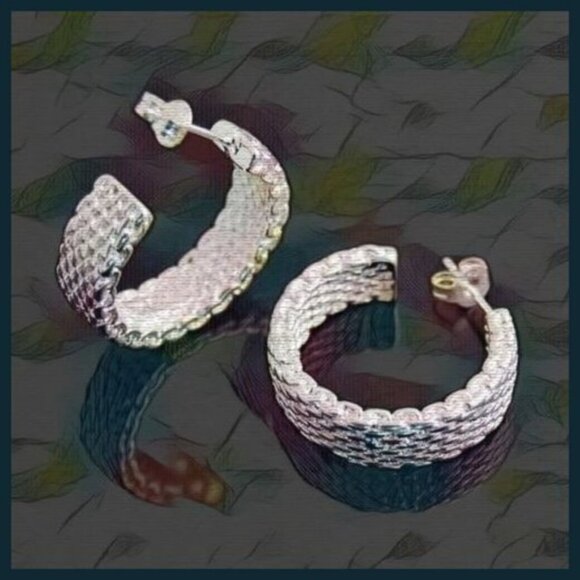 Silver Tone Hoop Mesh Pierced Earrings - Picture 3 of 5